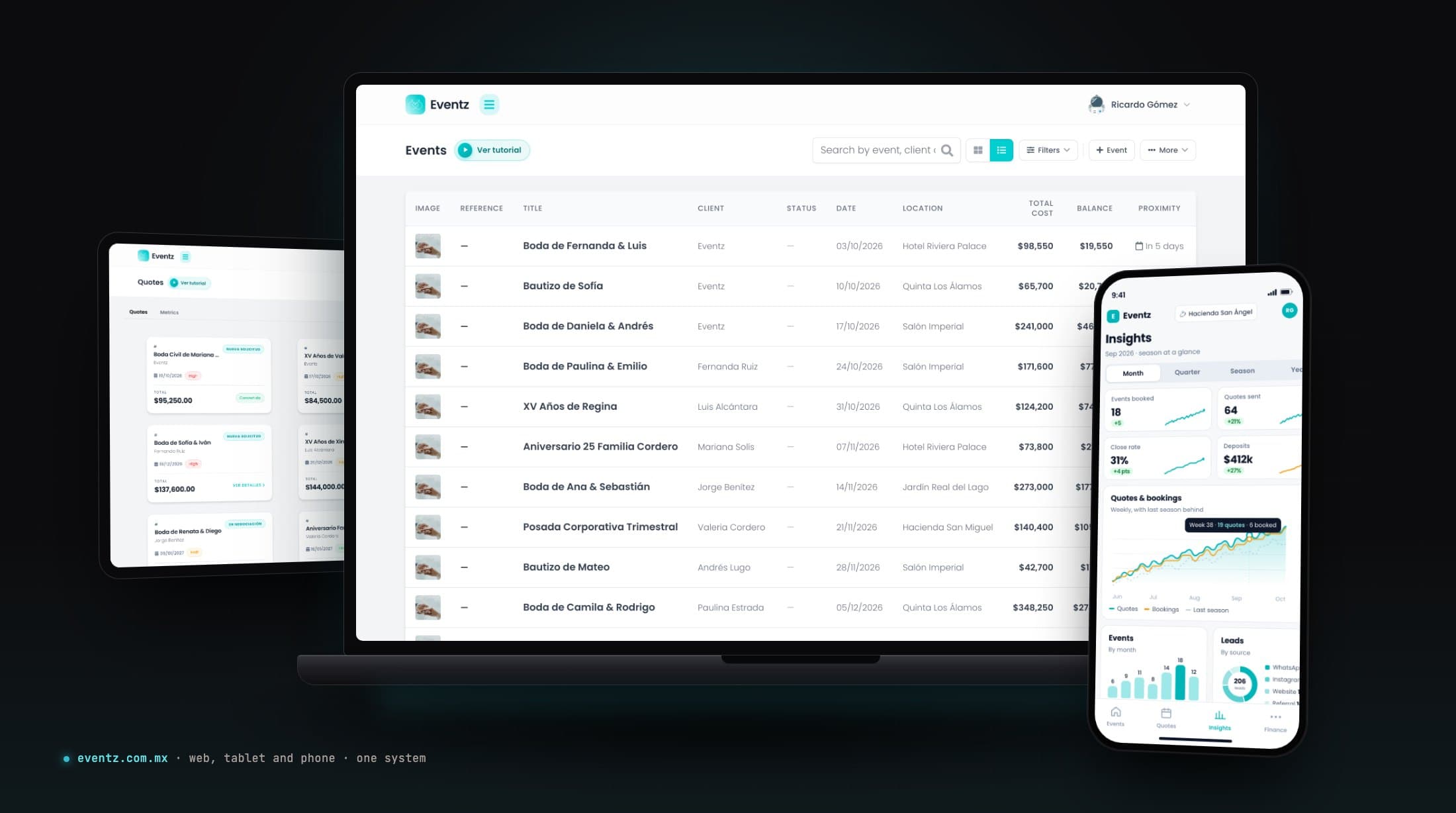 Eventz on three devices: the events list with client, date, venue, total and balance on a laptop, the quotes board on a tablet, and the Insights screen on a phone with quotes and bookings over the season, events by month and leads by source.