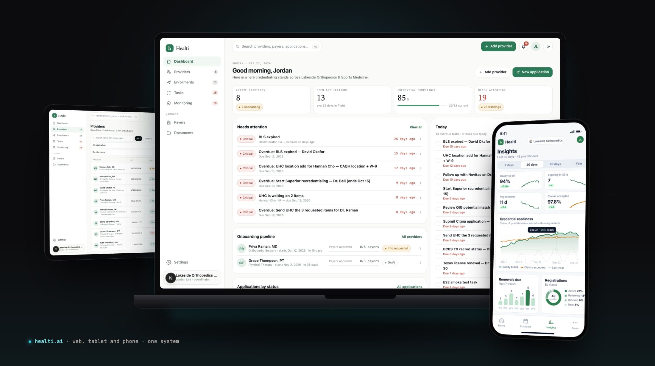 Healti on three devices: the credentialing dashboard with active providers, open applications and compliance on a laptop, the provider roster on a tablet, and the Insights screen on a phone with credential readiness over time, renewals due and registrations by status.